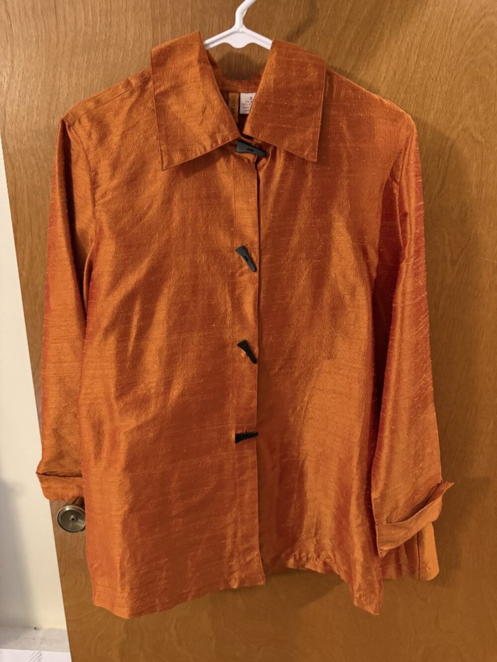 Anu 100% Pure Silk Jacket Long Sleeve Collared Burnt Orange Copper Size Small